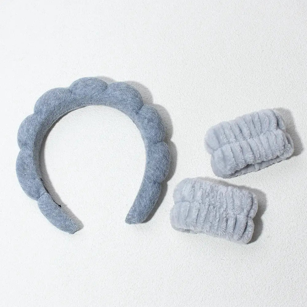Three Piece Bubble Headband Set With Wristbands And Scrunchies For Face Washing Makeup And Shower Spa Skincare