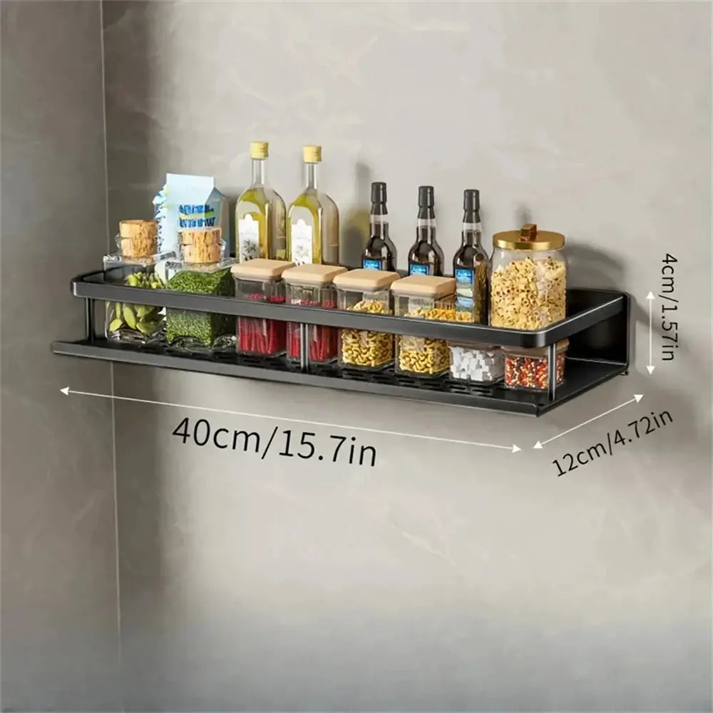 Multi-functional seasoning rack, Simples Market, wall-mounted black metal with rod holds jars and bottles