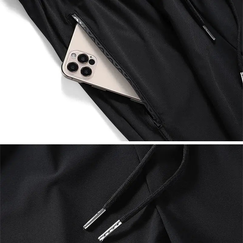 Black ice silk men’s drawstring pants, quick-dry and elastic for casual outdoor running