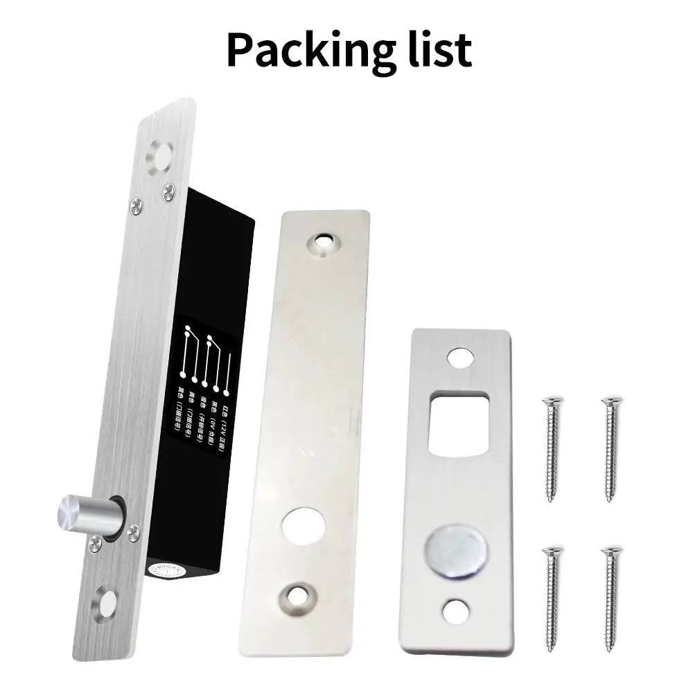 Electronic bolt lock DC12V kit with normally open/closed mode; includes silver mounting plate, strike plate and screws