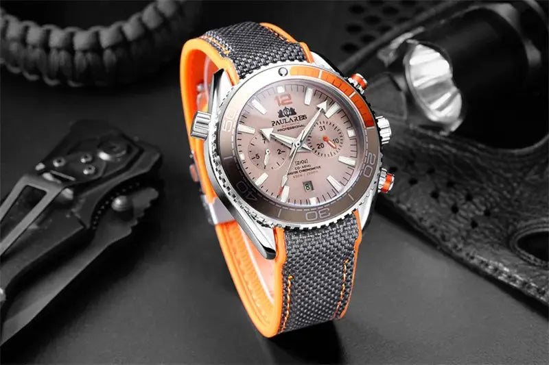 PAULAREIS P luxury men's automatic watch with orange/grey fabric strap and stainless steel case