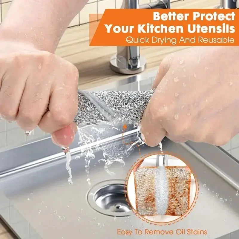Steel wire double-sided dish scrubber for kitchen cleaning; inset shows oil stains.