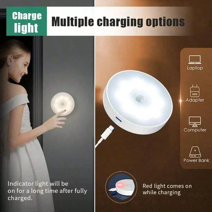 LED Night Light with Motion Sensor by Simples Market; round white wireless bedside/closet lamp, battery powered.