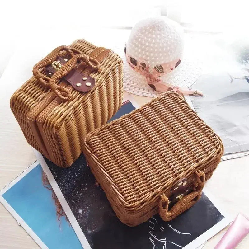 Rattan storage box set: two natural-woven baskets with lids and handles