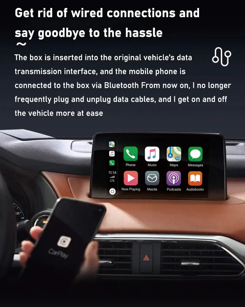 2-in-1 wireless Android Auto and CarPlay adapter by Simples Market, black, shown in car infotainment setup.