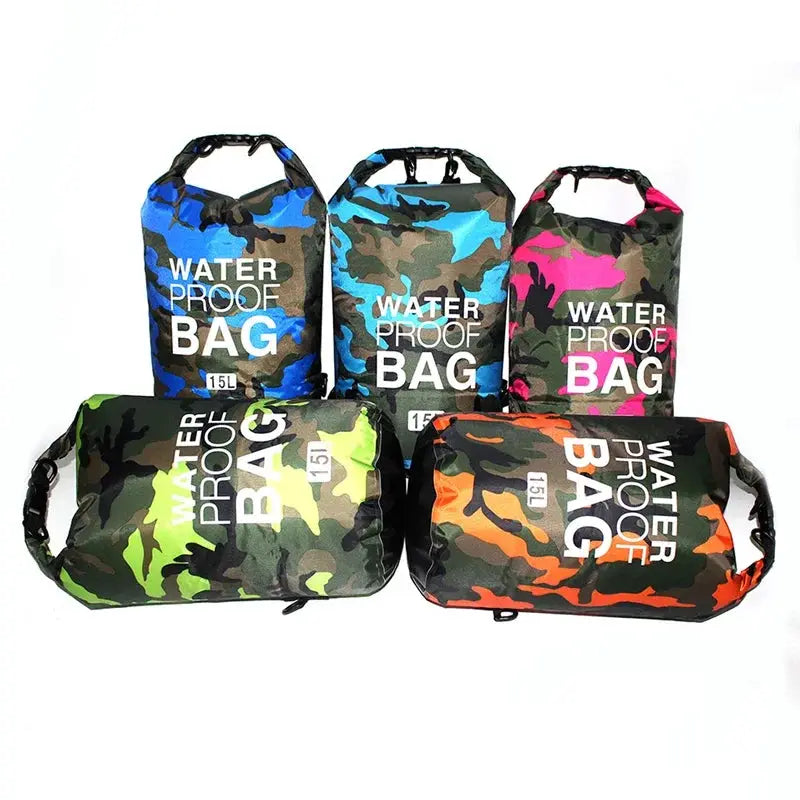 Waterproof dry bag set, five camo-pattern bags for outdoor sports in blue, green, pink and orange.