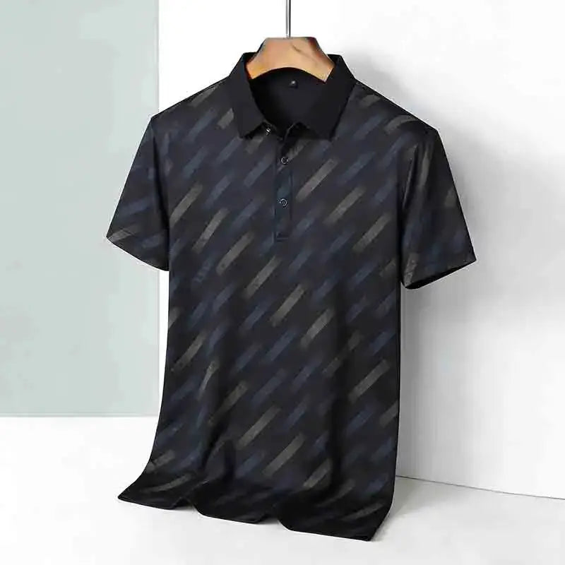 Men's polo shirt by Simples Market with diagonal navy stripe print and short sleeves.