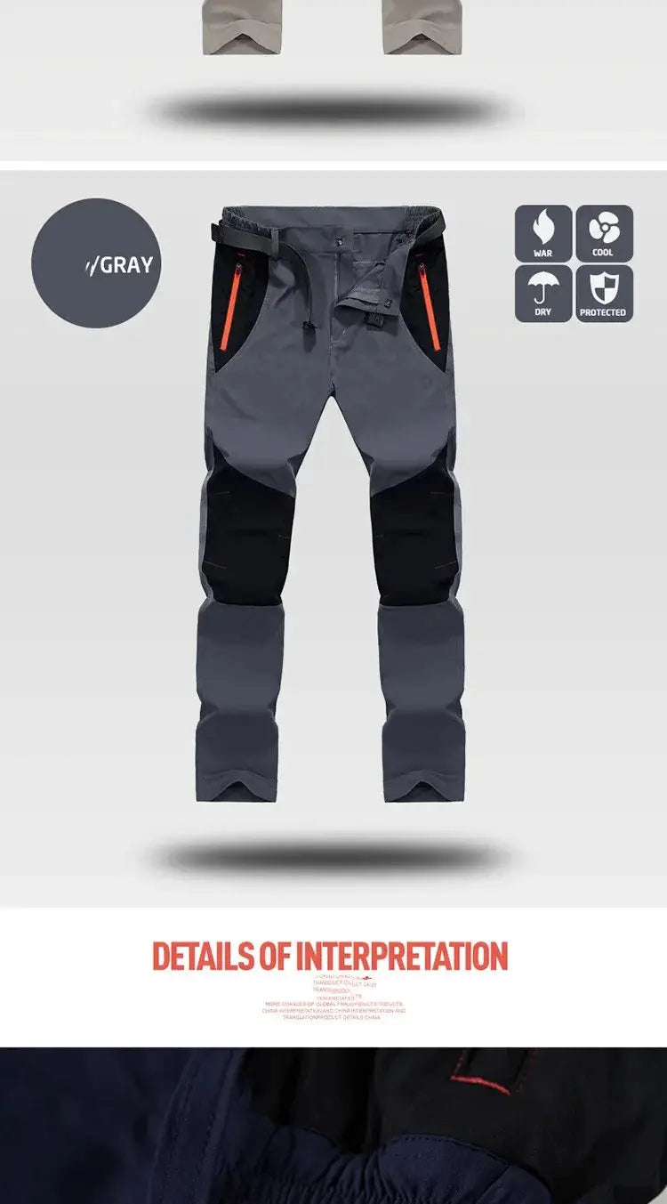 Simples Market tactical waterproof cargo pants for men, gray quick-dry fabric with black knee panels and orange zipper pockets