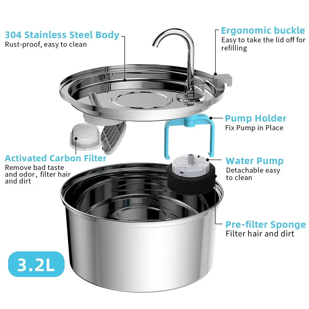 Stainless Steel Automatic Pet Water Fountain USB Quiet Filter Bowl