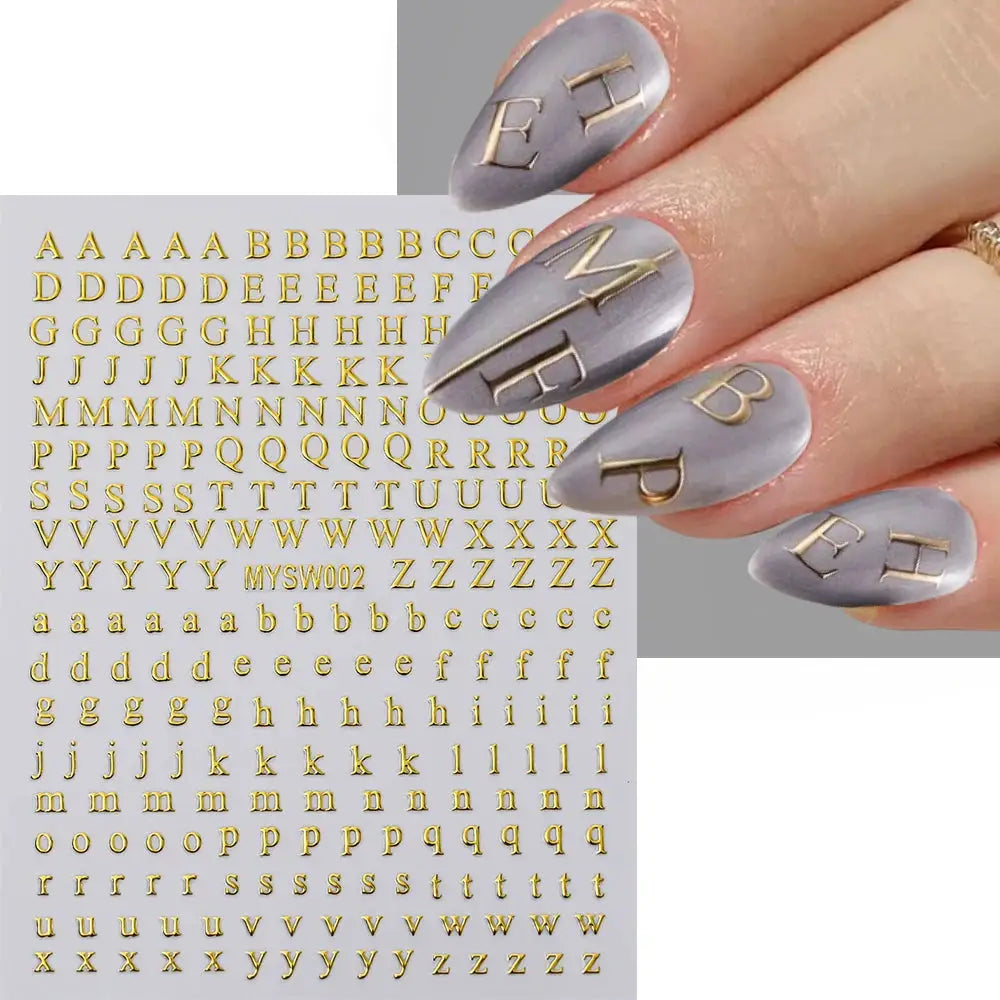 3D roman letter nail stickers sheet with gold self-adhesive alphabet decals for manicure