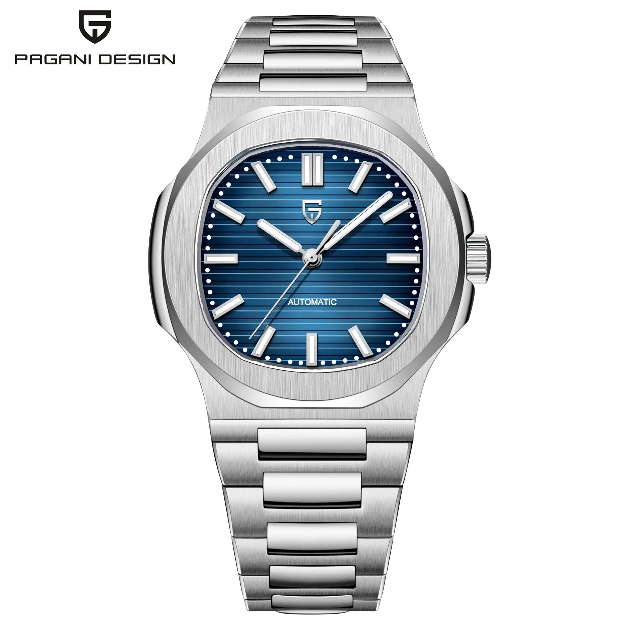 Pagani Design 40mm men's stainless steel automatic watch with blue dial and sapphire glass.