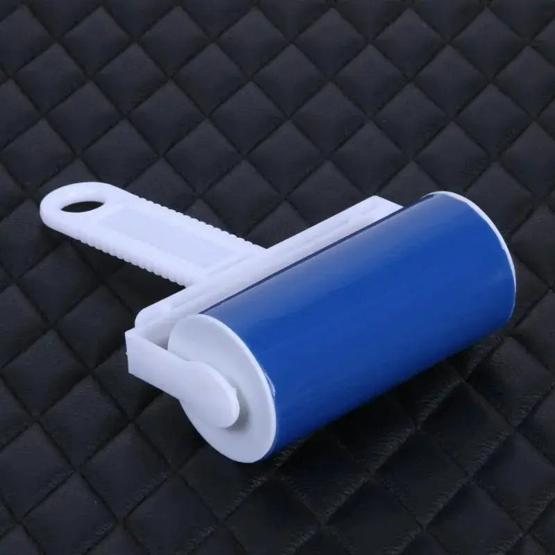 Drum Roll hair removal device cleaner with blue cylinder and white handle, portable