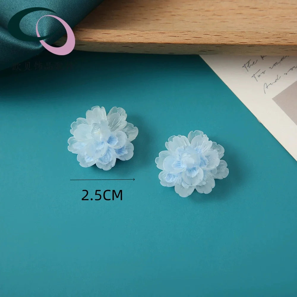 Flower stud earrings, light blue camellia petals, for women, 2.5 cm diameter
