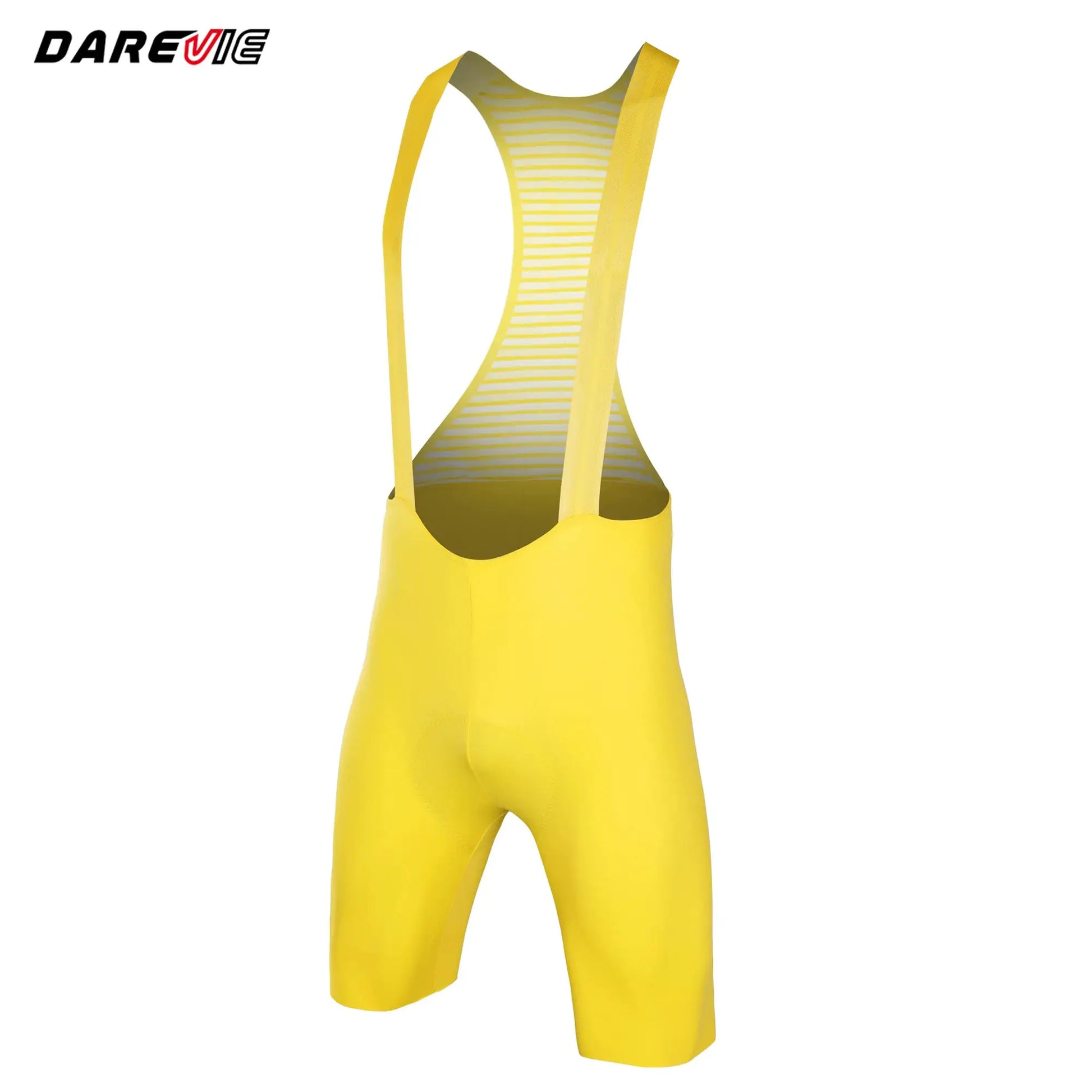 Cycling bib shorts by DAREVIE in bright yellow with striped back panel
