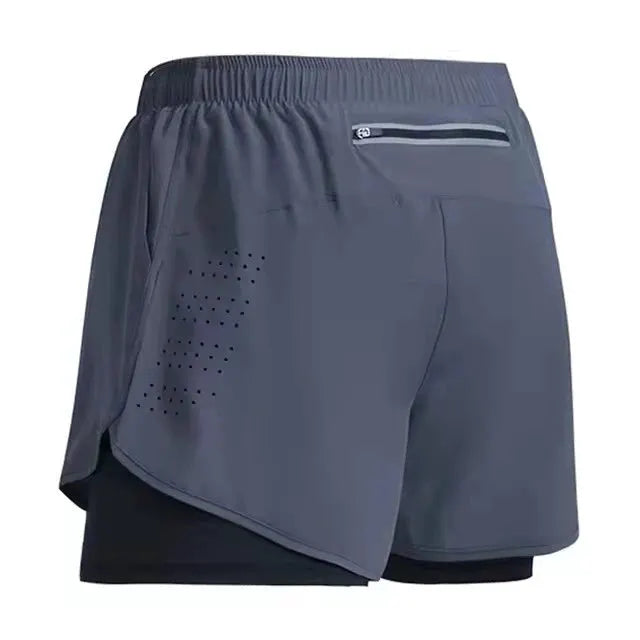Men's 2-in-1 double-layer gym shorts, gray outer with black inner liner, Simples Market