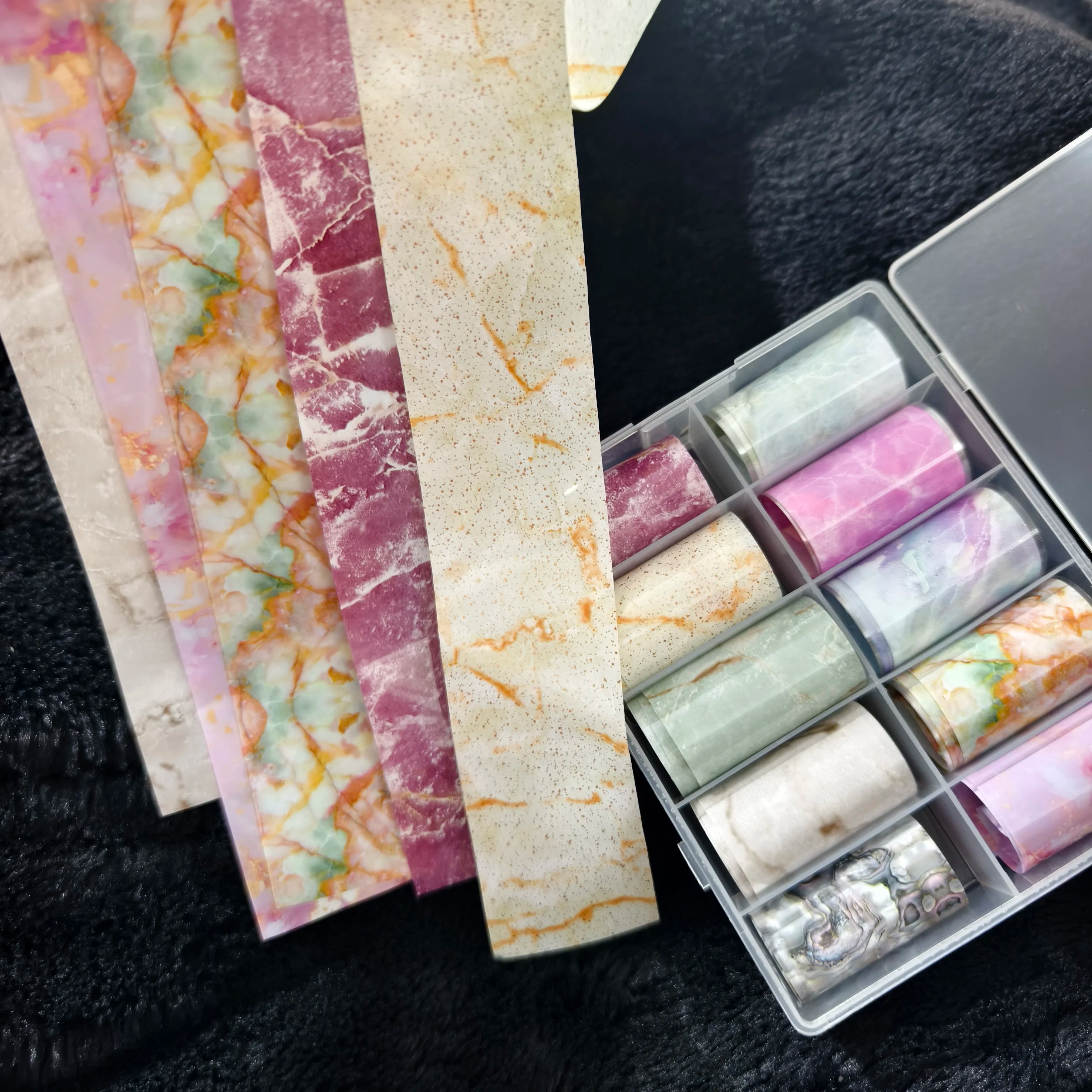 Nail foil strips set: 10 rolls of marble patterns in pink, beige and purple by Simples Market