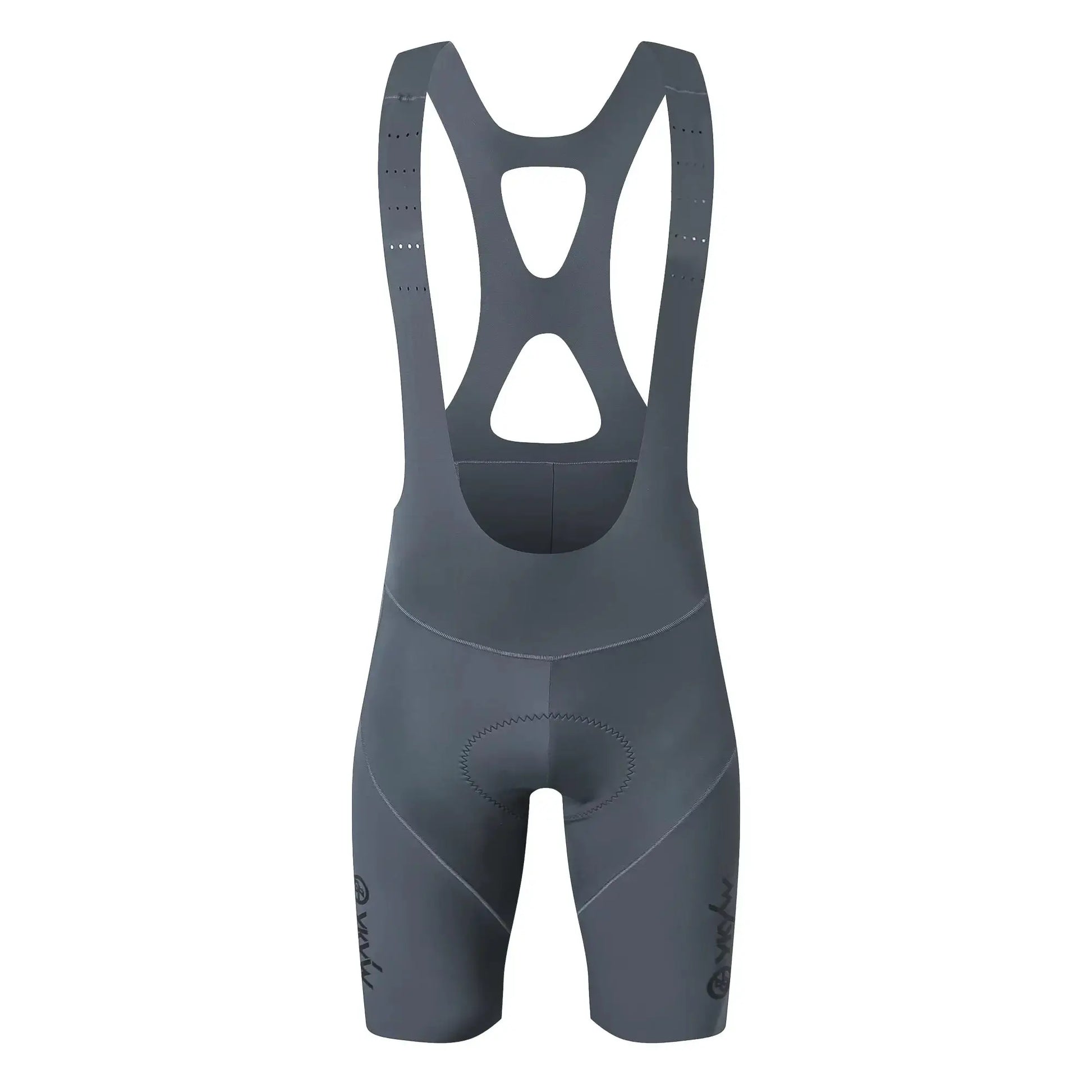 Men's cycling bib shorts in dark gray with hollow back straps, breathable road bike pants.