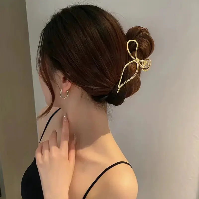 LuminaLocks Elegant Bow Metal Hair Claw Clips For Women With Secure Hold In Geometric Gold And Silver Finish