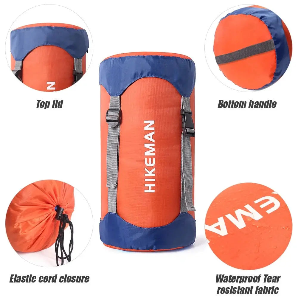 Sleeping bag compression storage bag orange with blue ends, waterproof fabric, HIKEMAN brand