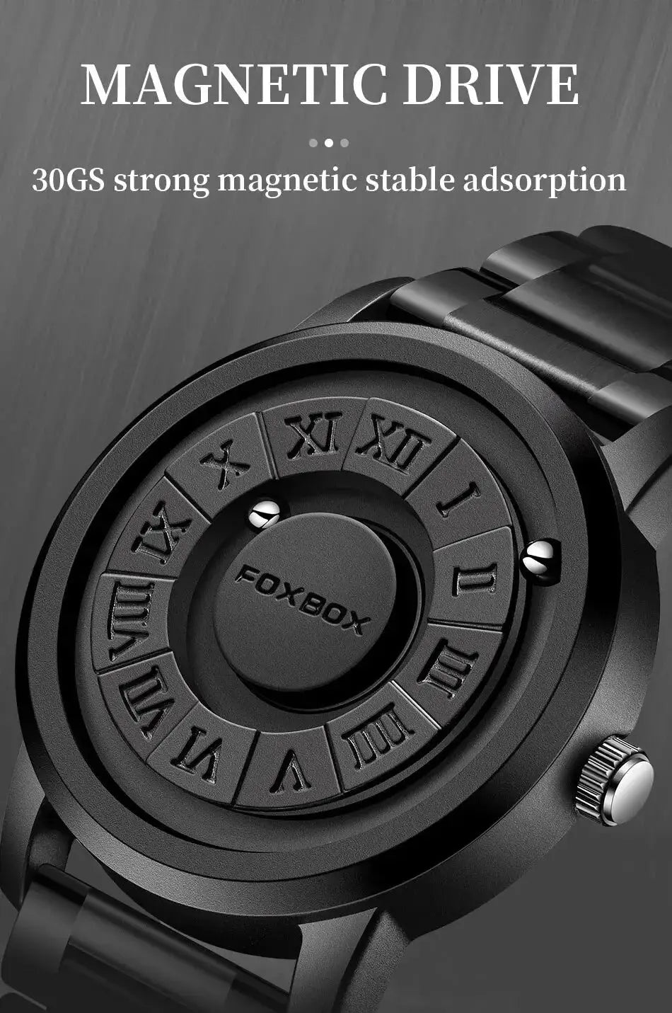 FOXBOX Watch; black metal band, magnetic drive dial