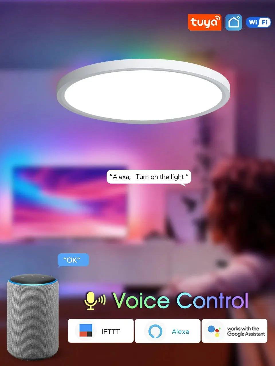 TUYA Smart Ceiling Light by Simples Market, white circular RGB dimmable with app and Alexa/Google Assistant