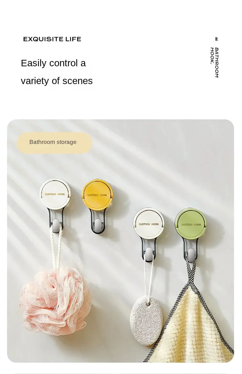 Strong vacuum suction hooks by Simples Market; set of 4 wall-mounted bathroom organizers in white, yellow, and green.