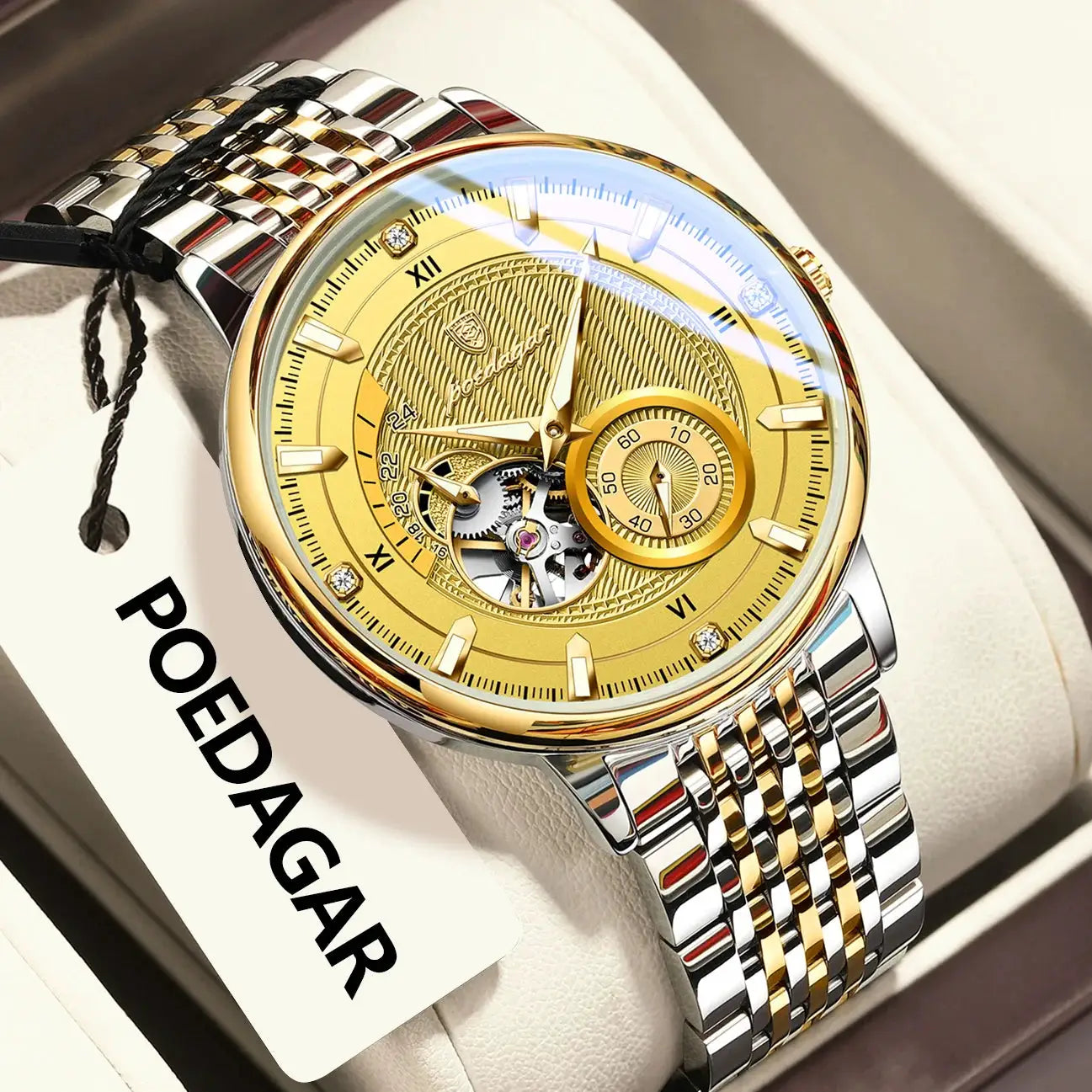 POEDAGAR men's luxury wristwatch with gold skeleton dial and tourbillon, two-tone stainless steel bracelet