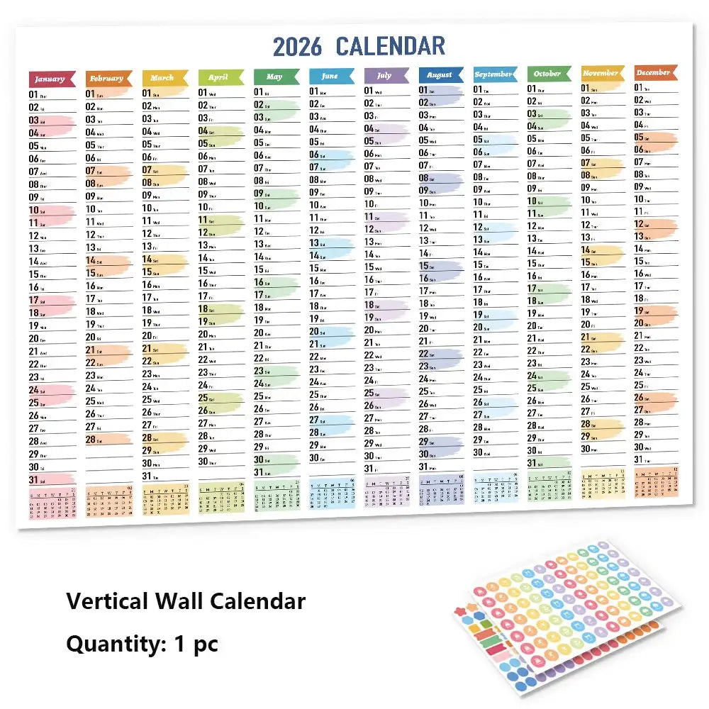 Simples Market 2026 colorful vertical wall calendar with 365-day grid and stickers, 1 pc