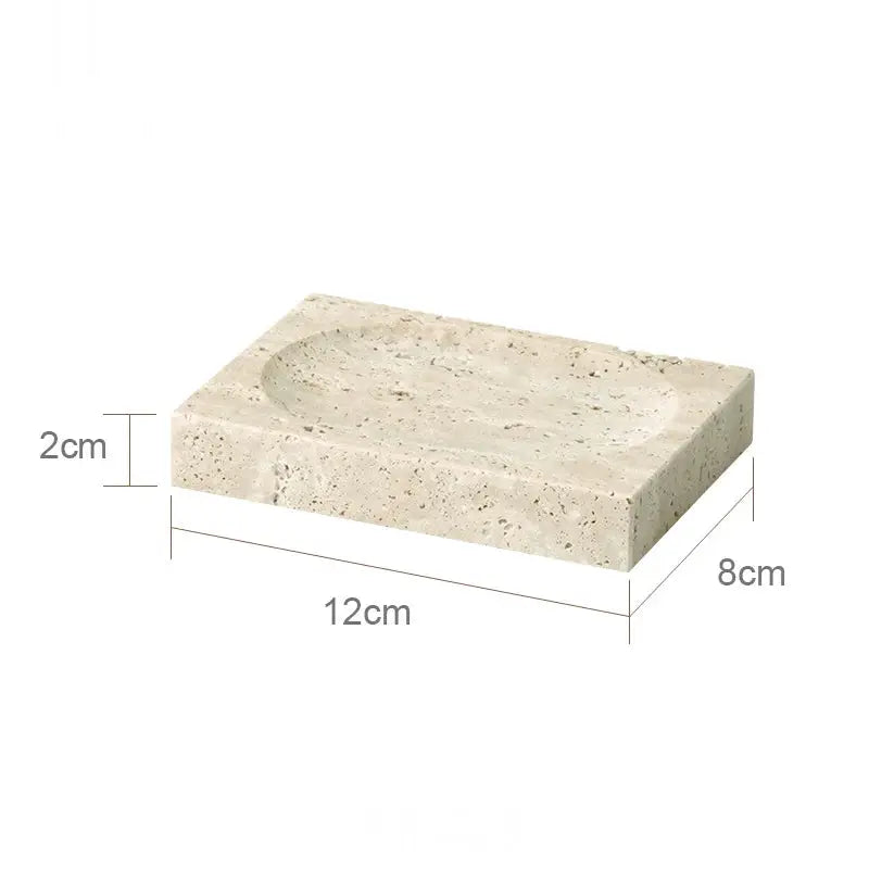 Beige travertine vanity tray with recessed soap dish, 12x8x2 cm.