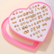 Gold-tone stud earrings set, 36-pair, by Simples Market, in assorted shapes snowflake, cat, butterfly, hearts, stars