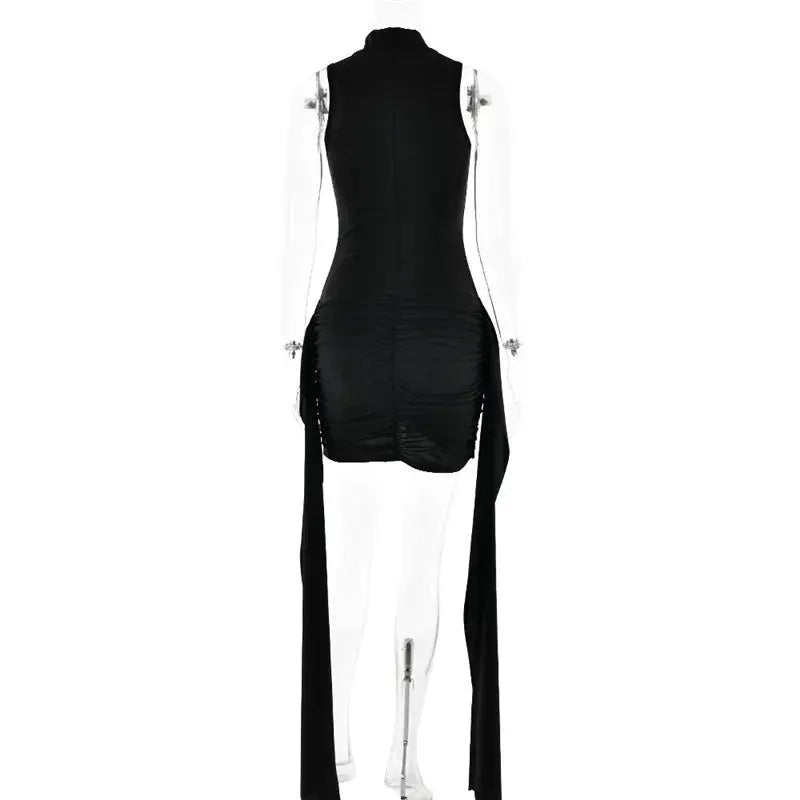 Turtleneck Sleeveless Mini Dress Women Ruched Irregular Club Party