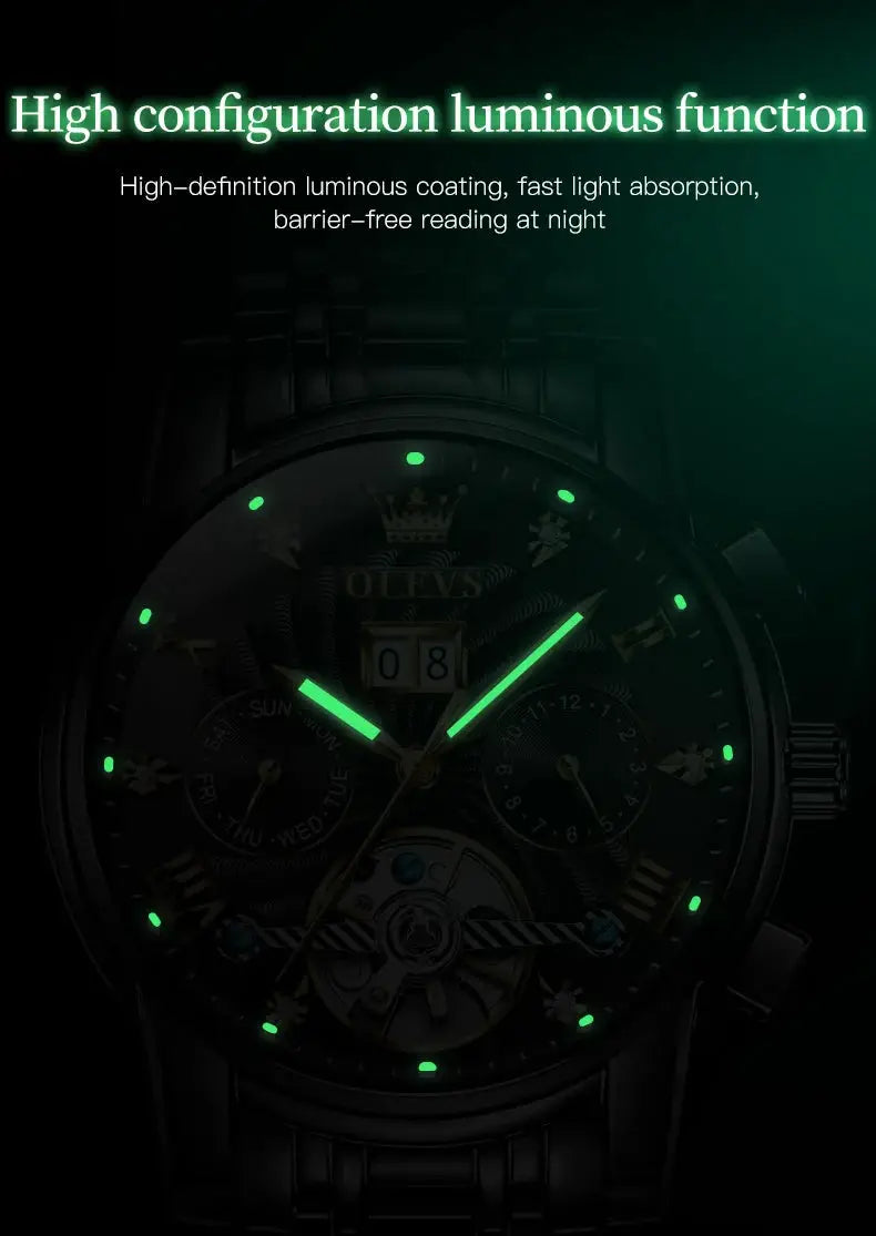 OLEVS men's tourbillon automatic wristwatch with green luminous hands and markers