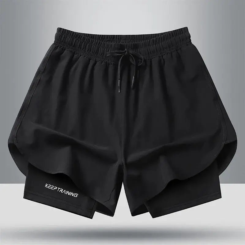 Men's black quick-dry running shorts with drawstring and zip pockets, KEEP TRAINING logo, Simples Market.