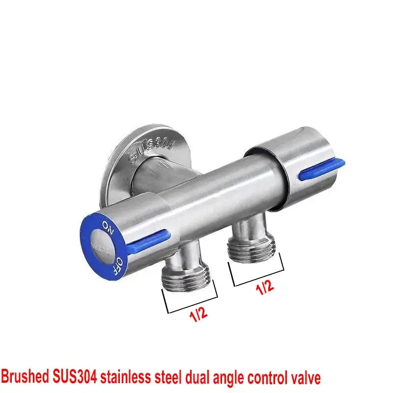 Brushed SUS304 stainless steel dual-angle control valve, wall-mount with blue on/off knobs and 1/2 in outlets