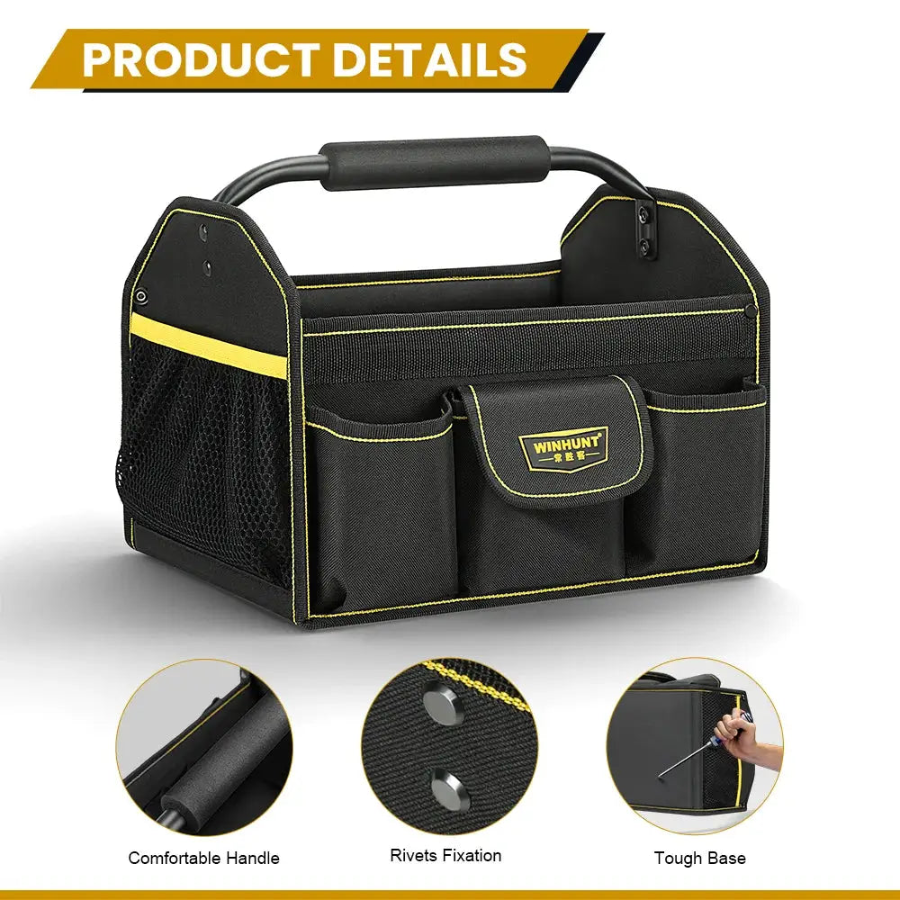 WINHUNT Tote Bag by Simples Market; 10-pocket wide-mouth tool bag with yellow trim and front pockets