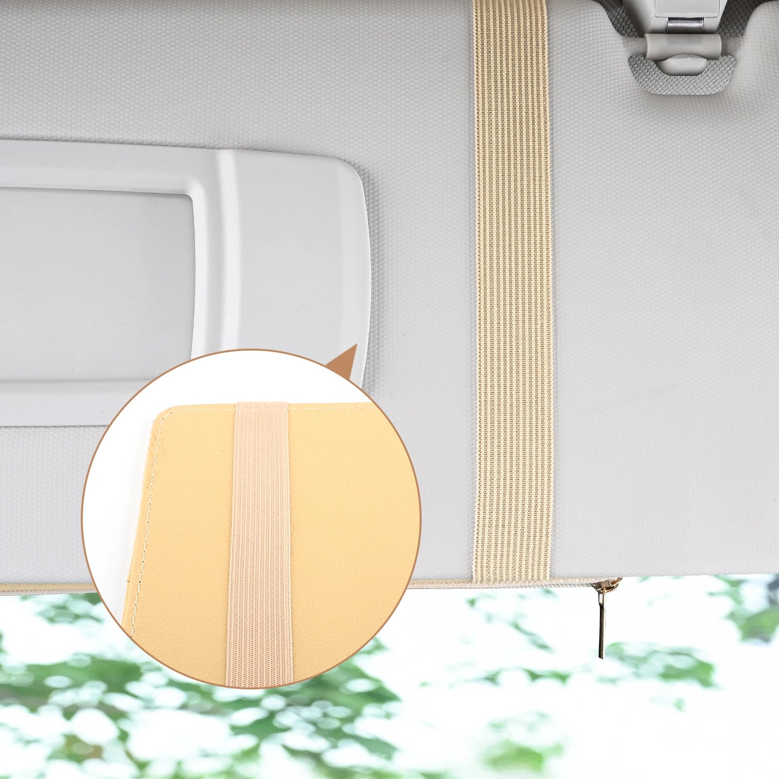Car sun visor organizer with sunglasses clip; beige fabric storage pouch and tan strap