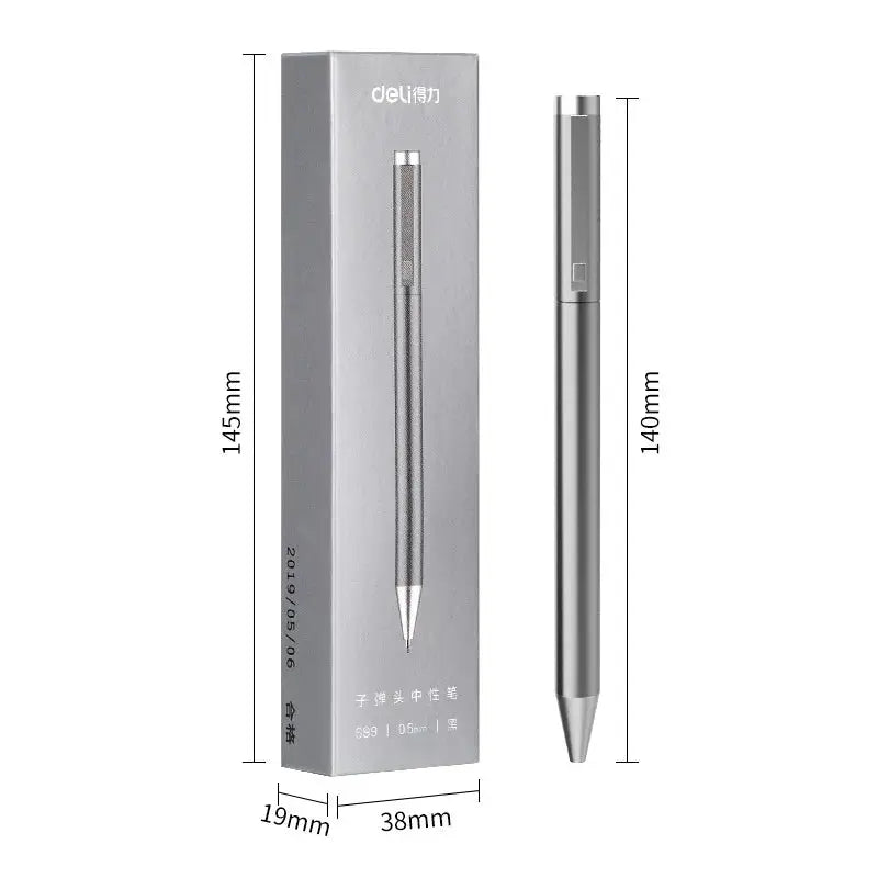 Deli metal sign pen, 0.5mm gel ink, silver metallic finish, shown with its box for office use.
