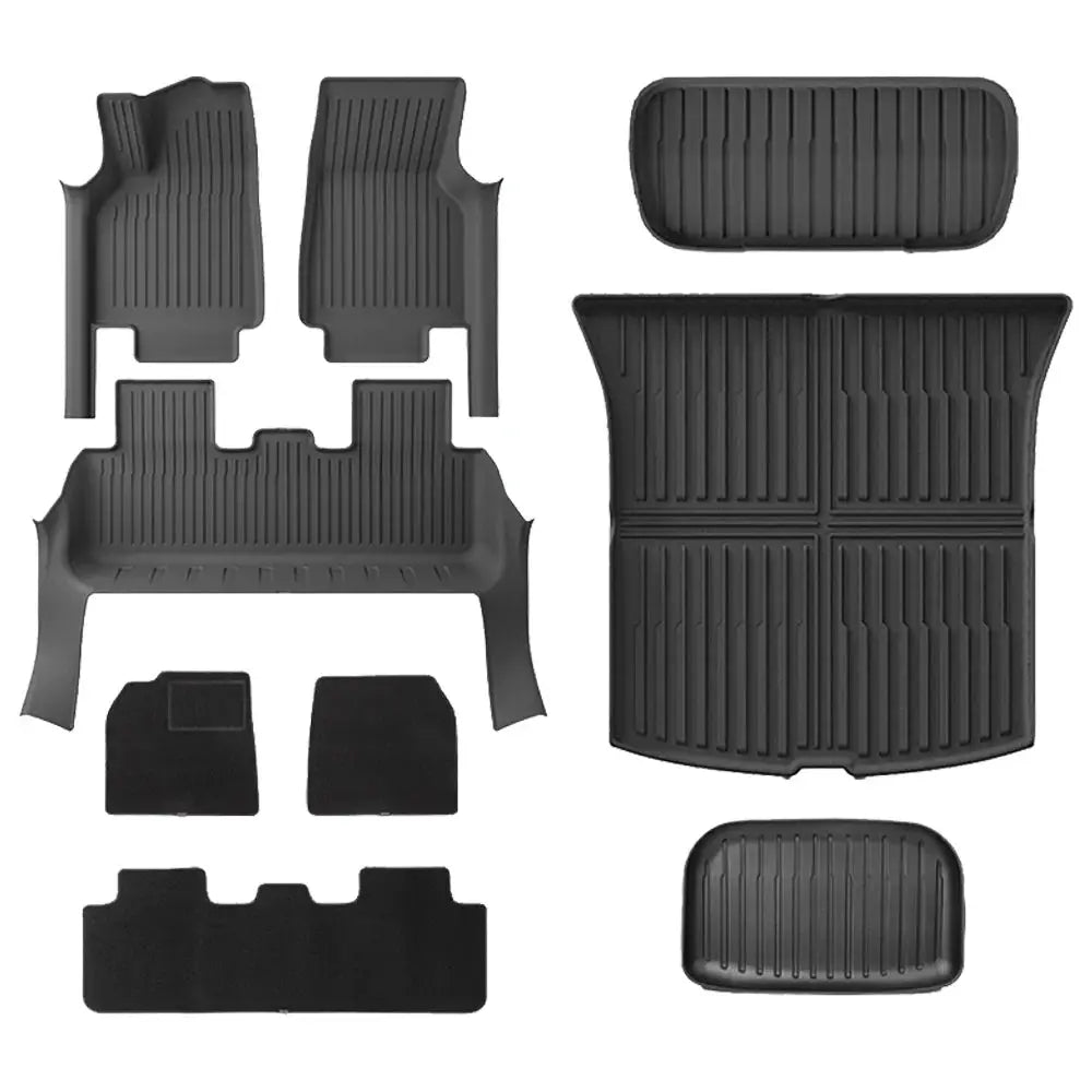 Floor mats and cargo liner set for Tesla Model Y Juniper 2025–2026, all-weather black with door-sill protection
