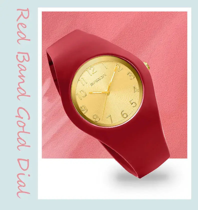 SANDA 6186 quartz student watch with red silicone strap and gold dial by Simples Market