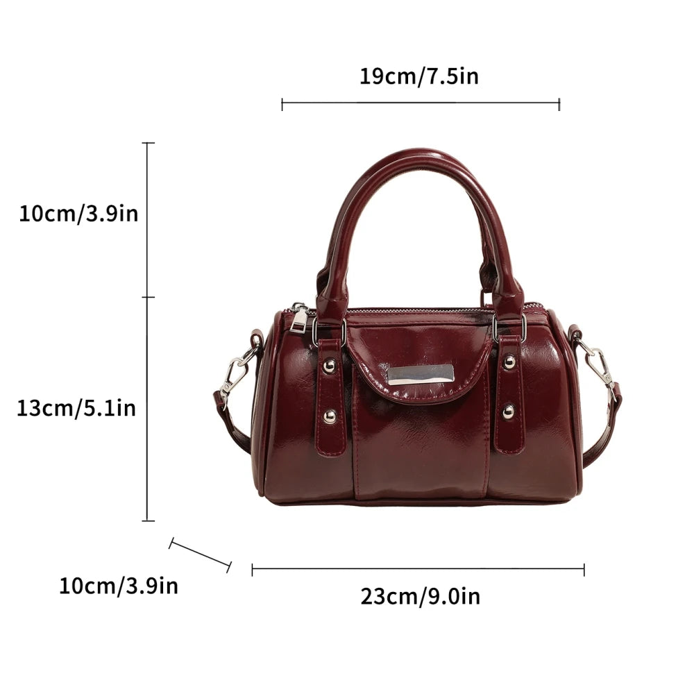 Mini burgundy PU leather top-handle bag with silver hardware and detachable crossbody strap