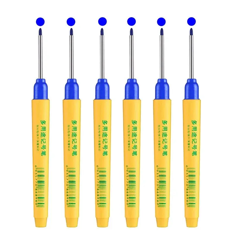 Simples Market 6pc marking pen set with yellow bodies and blue tips; waterproof, multipurpose woodworking markers