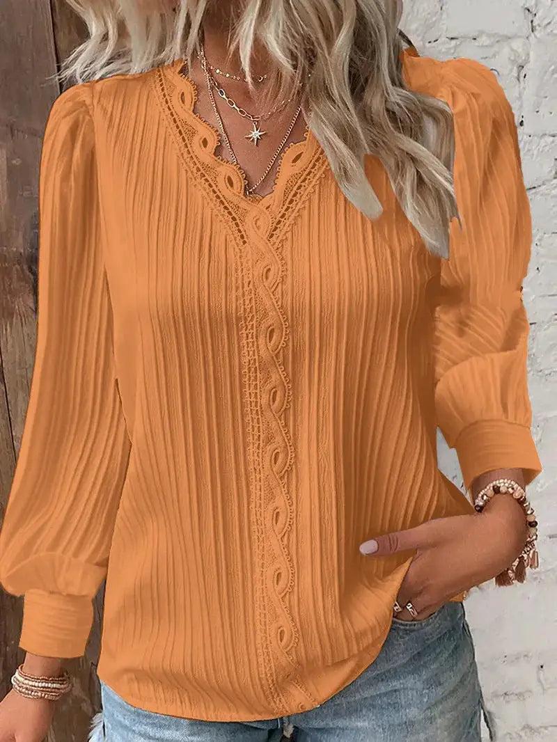Blouse orange lace-patchwork with V-neck and long sleeves by Simples Market.
