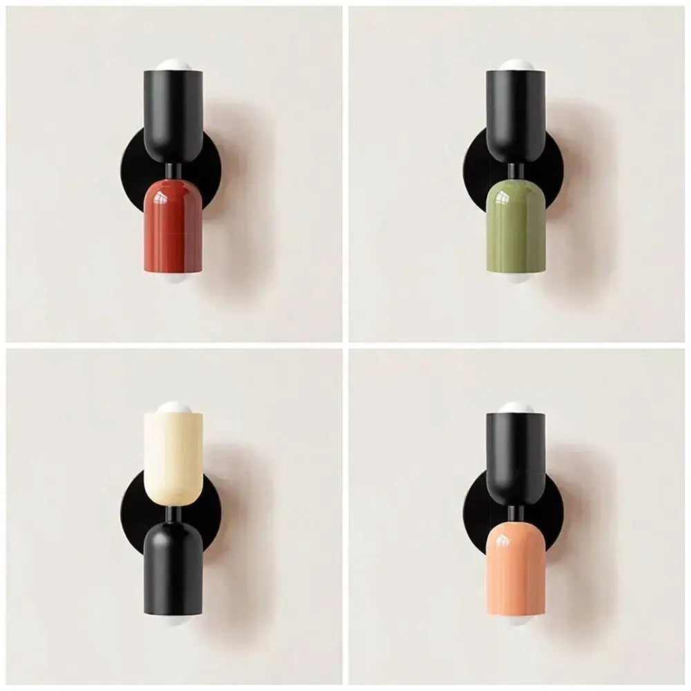 Nordic LED wall lamp double-head fixture; set of 4 color variants: red, green, cream, peach.