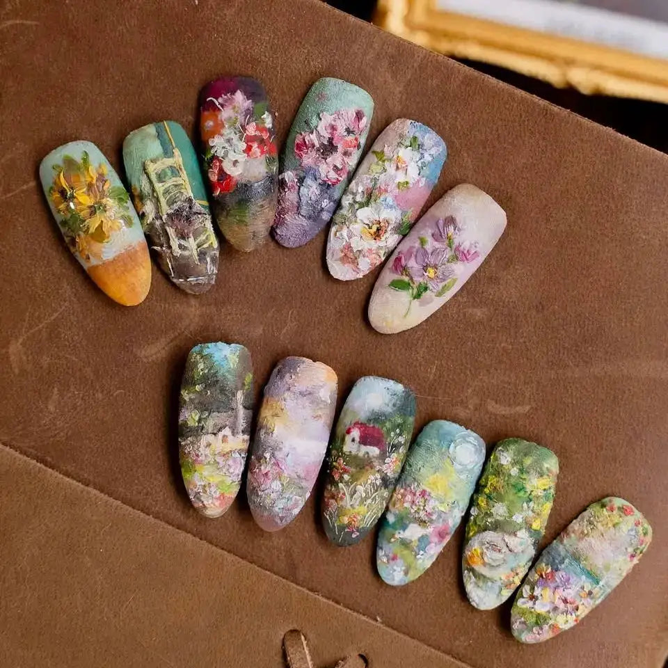 Spicy Girl Flower Print Press On Nails 24Pcs Wine Red Blush Almond Wearable Reusable False Nail Tips For Summer