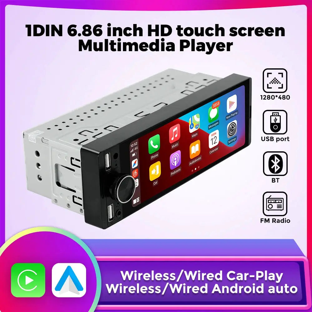1DIN MP5 car radio with 6.86-inch HD touchscreen, Bluetooth and USB, CarPlay/Android Auto