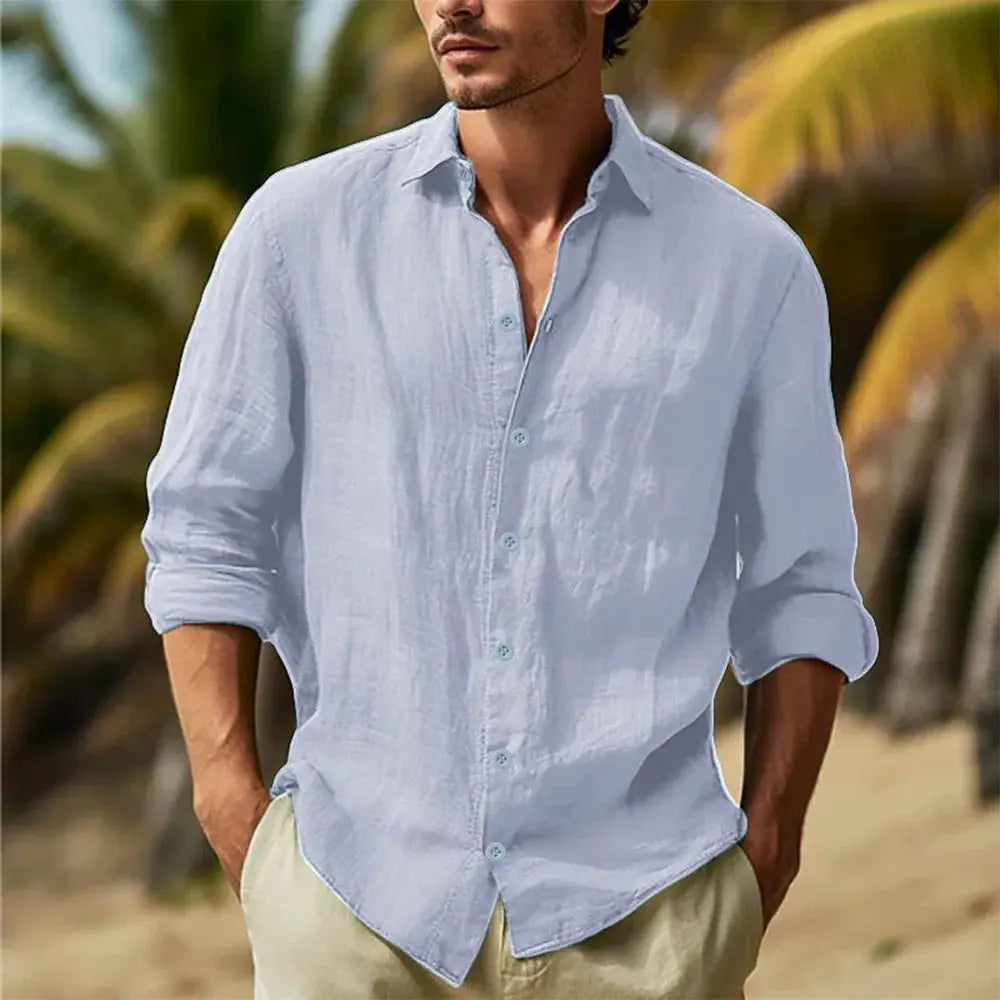 Men's cotton linen shirt with turn-down collar, light blue solid Hawaiian-style, lightweight and breathable
