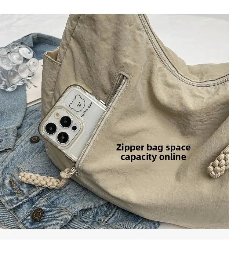 Simples Market beige soft-cloth shoulder bag with zipper pocket; crossbody tote for women