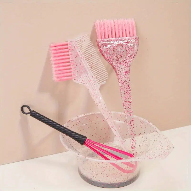 4pc Simples Market pink glitter hair dyeing set with pearl dyeing brush, single-sided brush, comb, and whisk.