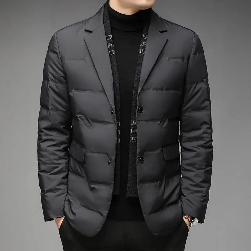Men's down jacket in dark gray with quilted puffer design, suit-style collar and zip pockets