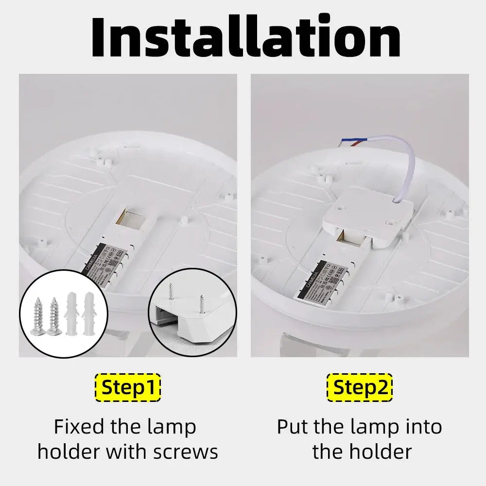 Motion sensor PIR LED white ceiling lamp installation guide: step 1 fix the holder with screws, step 2 insert the lamp.